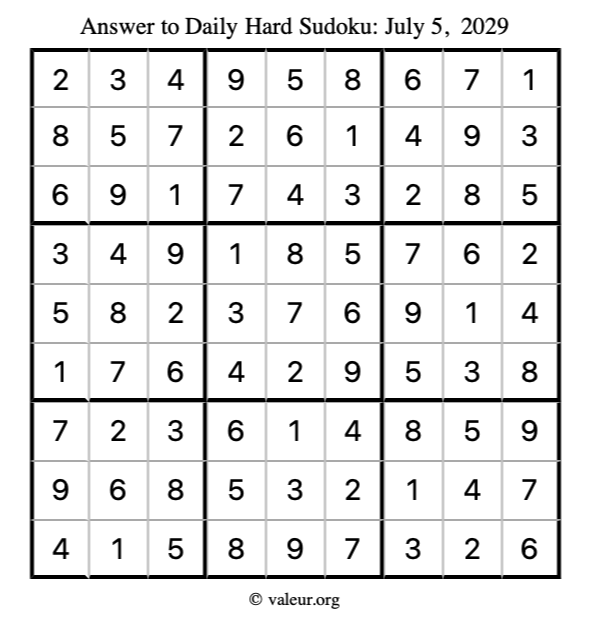 Answer to hard sudoku July 5, 2029