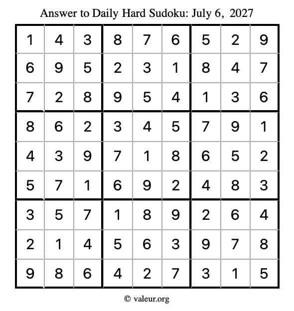 Answer to hard sudoku July 6, 2027