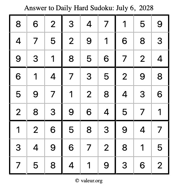 Answer to hard sudoku July 6, 2028