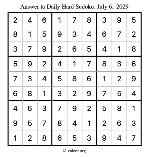 Answer to hard sudoku July 6, 2029