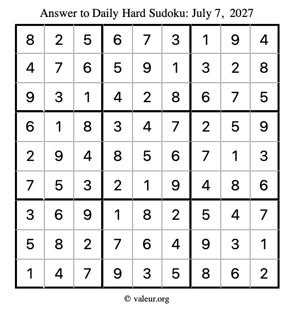 Answer to hard sudoku July 7, 2027