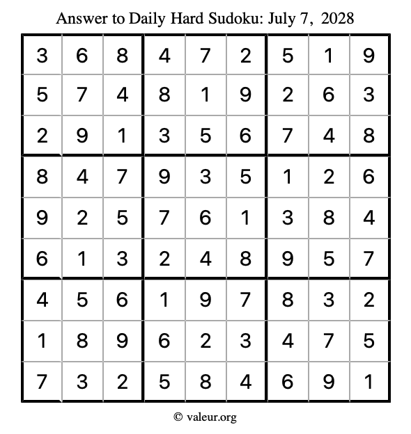 Answer to hard sudoku July 7, 2028