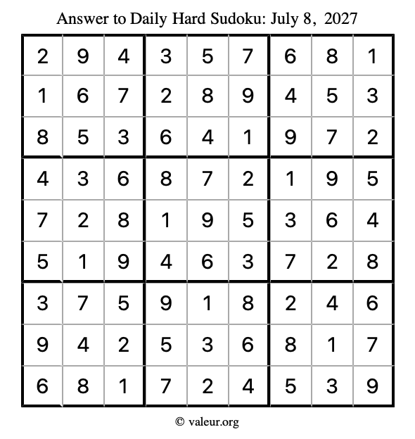 Answer to hard sudoku July 8, 2027