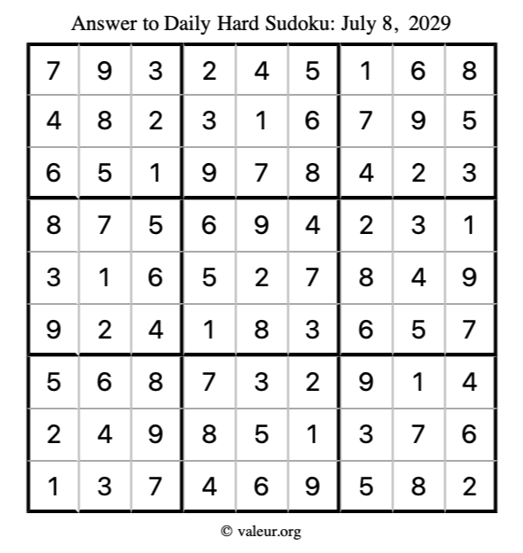 Answer to hard sudoku July 8, 2029
