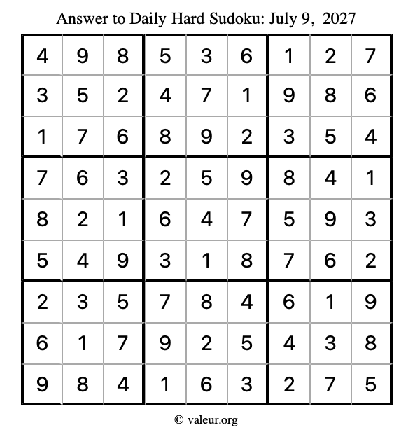 Answer to hard sudoku July 9, 2027