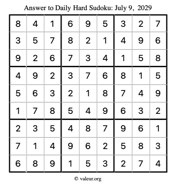 Answer to hard sudoku July 9, 2029
