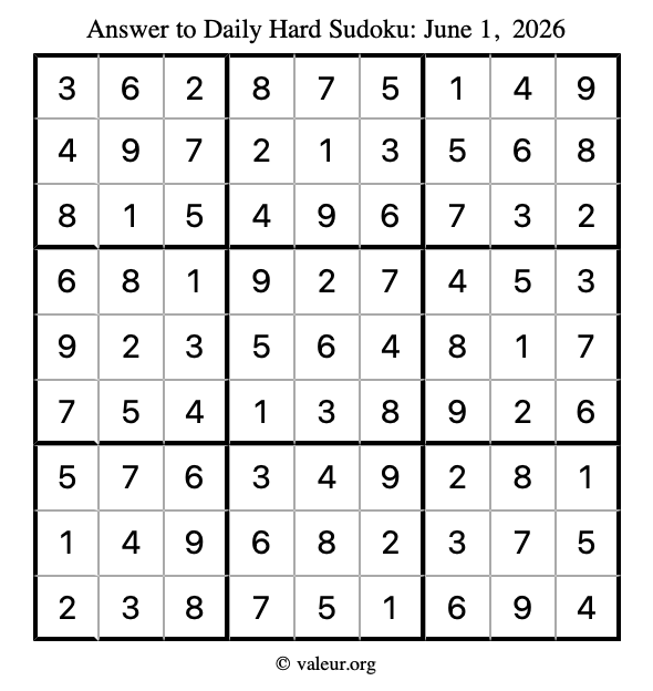 Answer to hard sudoku June 1, 2026