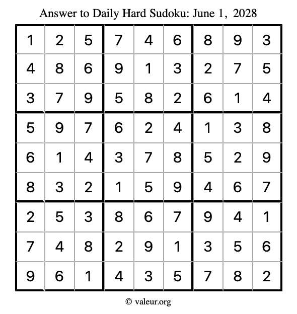 Answer to hard sudoku June 1, 2028