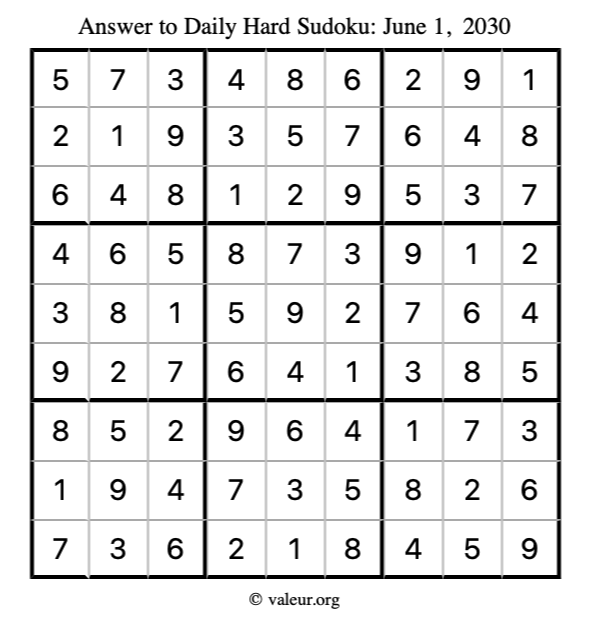 Answer to hard sudoku June 1, 2030
