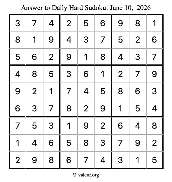 Answer to hard sudoku June 10, 2026