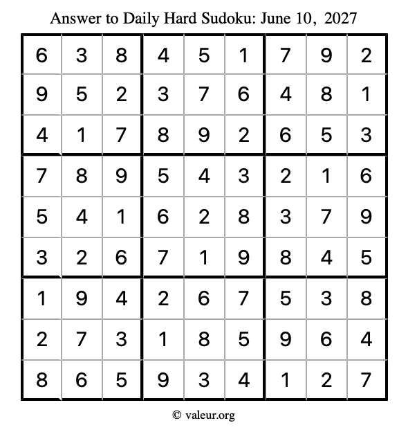 Answer to hard sudoku June 10, 2027