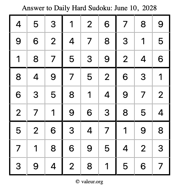 Answer to hard sudoku June 10, 2028