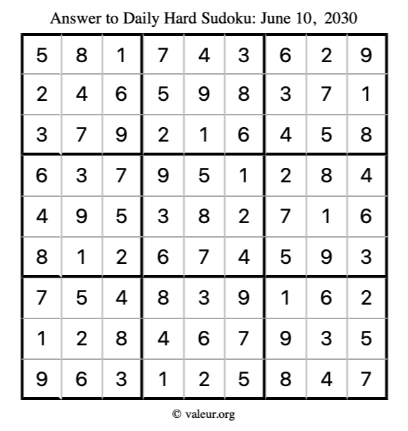 Answer to hard sudoku June 10, 2030