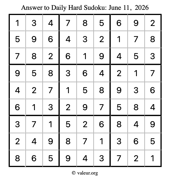 Answer to hard sudoku June 11, 2026