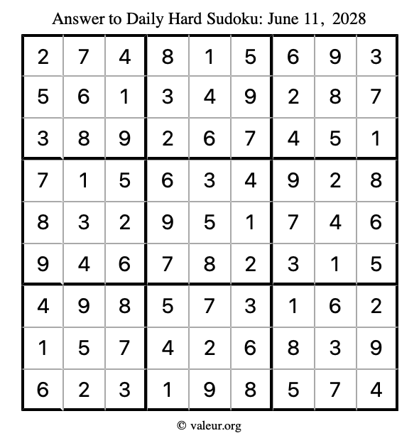 Answer to hard sudoku June 11, 2028