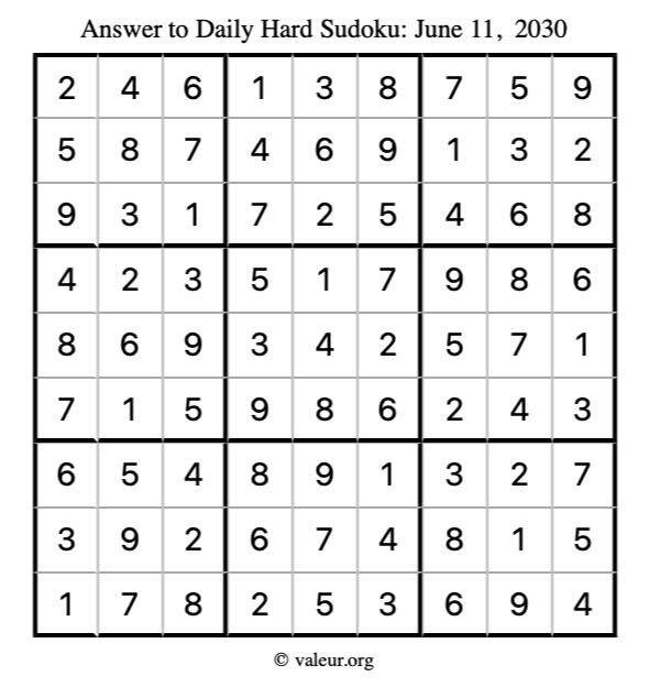 Answer to hard sudoku June 11, 2030