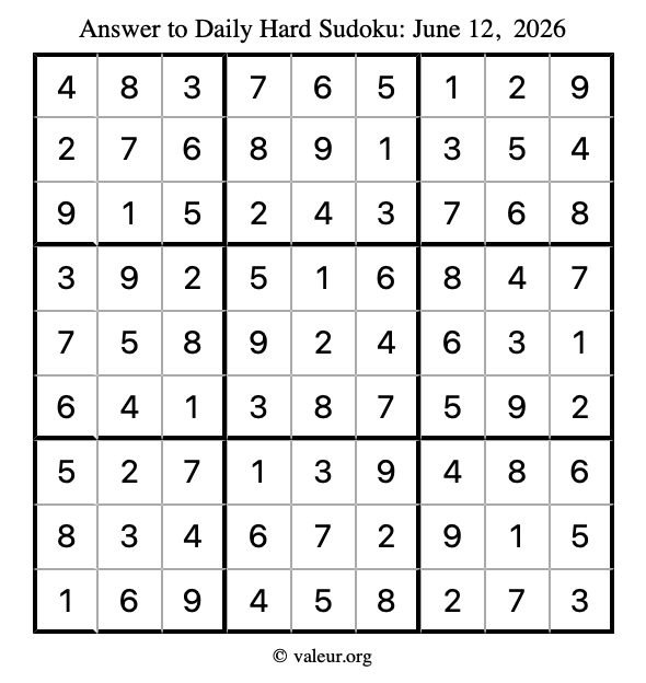 Answer to hard sudoku June 12, 2026