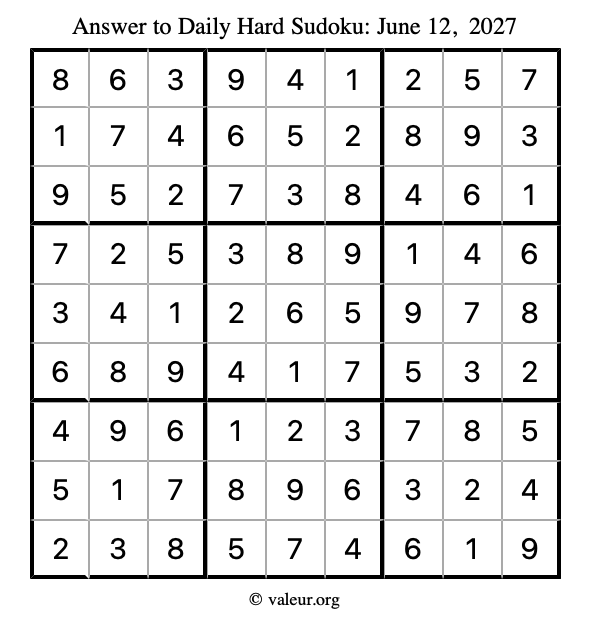 Answer to hard sudoku June 12, 2027