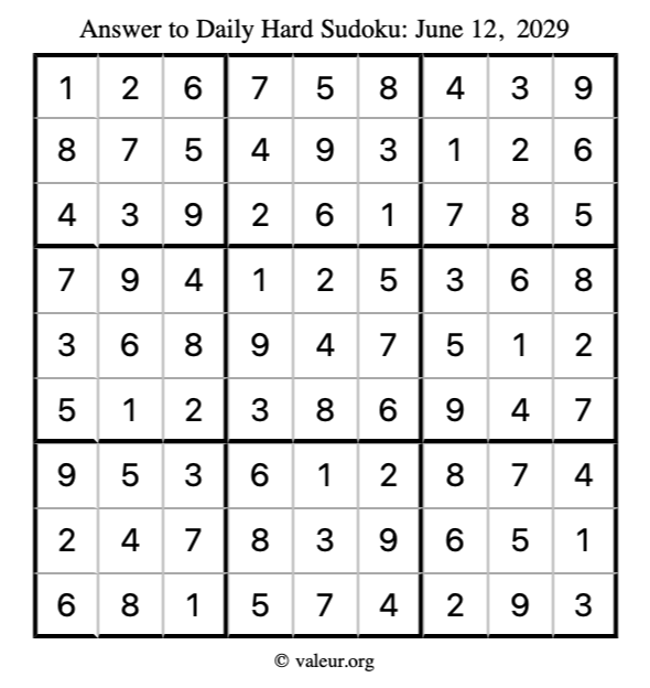 Answer to hard sudoku June 12, 2029