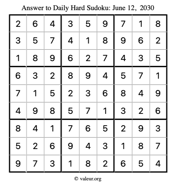 Answer to hard sudoku June 12, 2030
