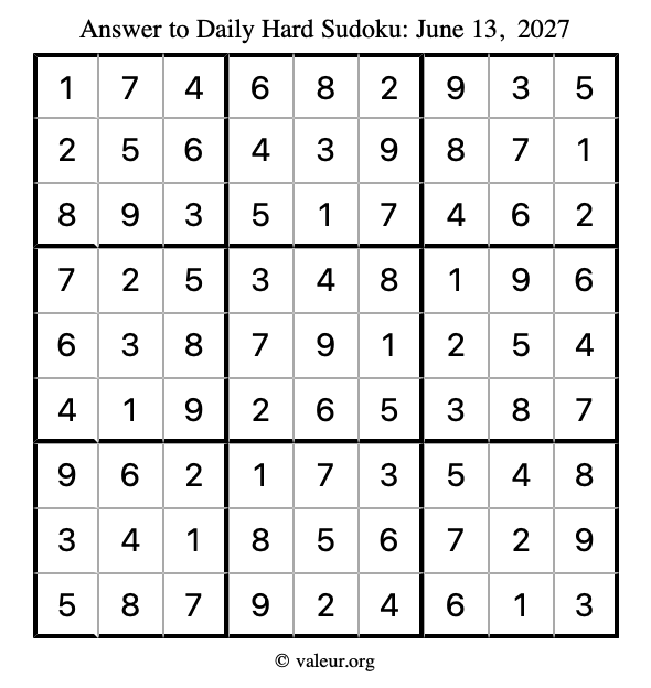 Answer to hard sudoku June 13, 2027