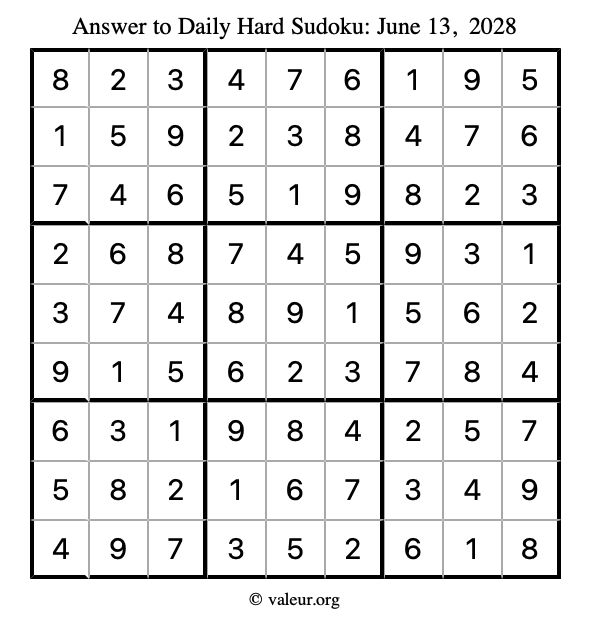 Answer to hard sudoku June 13, 2028