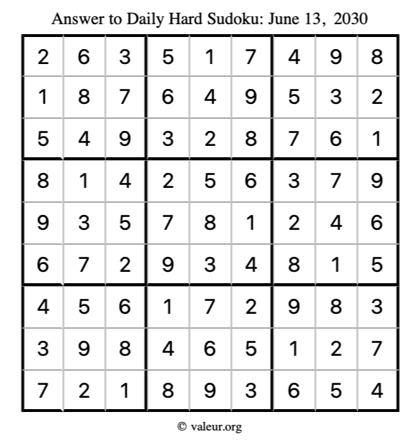 Answer to hard sudoku June 13, 2030