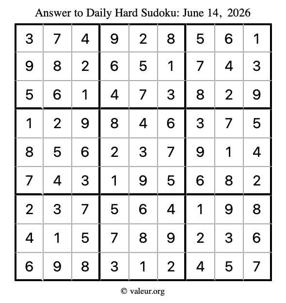 Answer to hard sudoku June 14, 2026