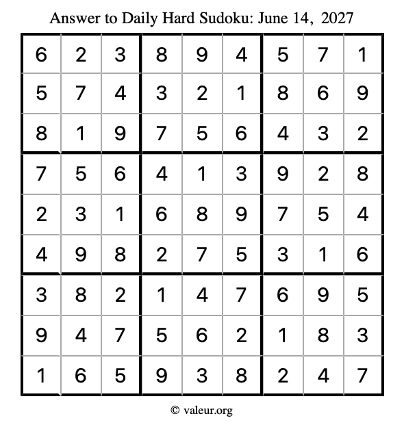 Answer to hard sudoku June 14, 2027