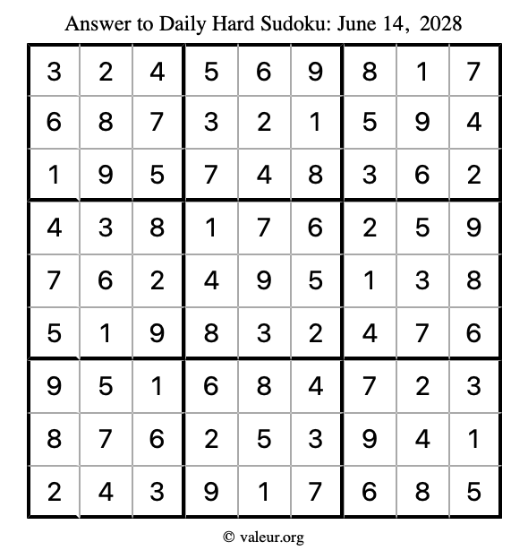 Answer to hard sudoku June 14, 2028