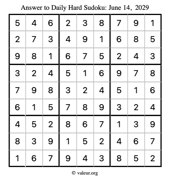 Answer to hard sudoku June 14, 2029