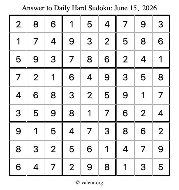 Answer to hard sudoku June 15, 2026