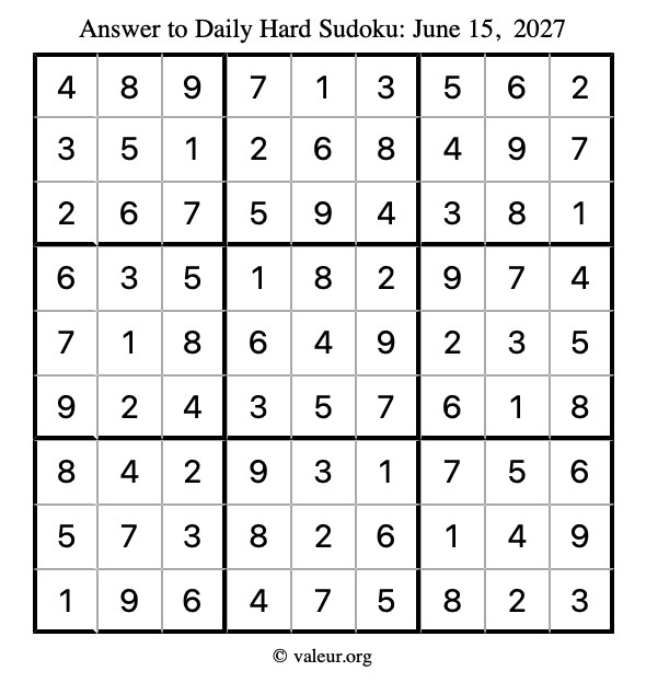 Answer to hard sudoku June 15, 2027