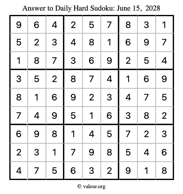 Answer to hard sudoku June 15, 2028