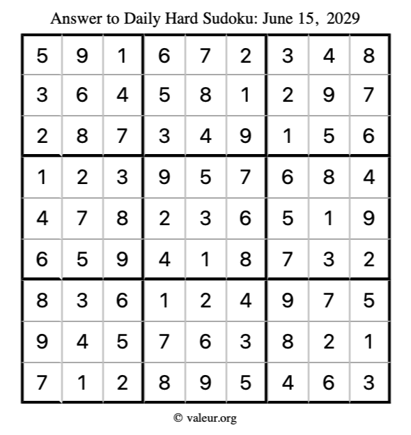 Answer to hard sudoku June 15, 2029