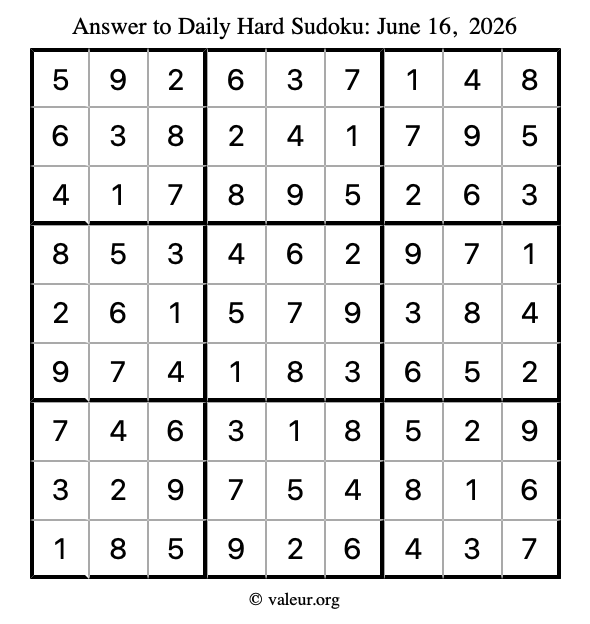 Answer to hard sudoku June 16, 2026