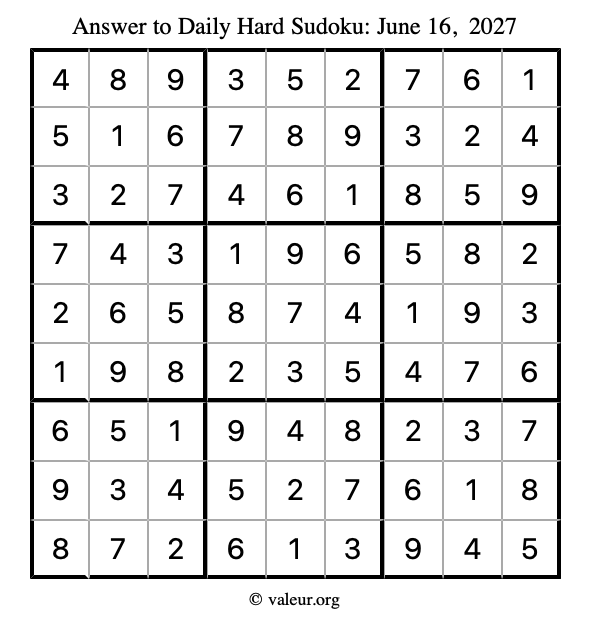 Answer to hard sudoku June 16, 2027