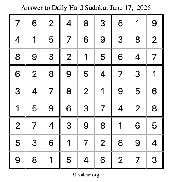 Answer to hard sudoku June 17, 2026