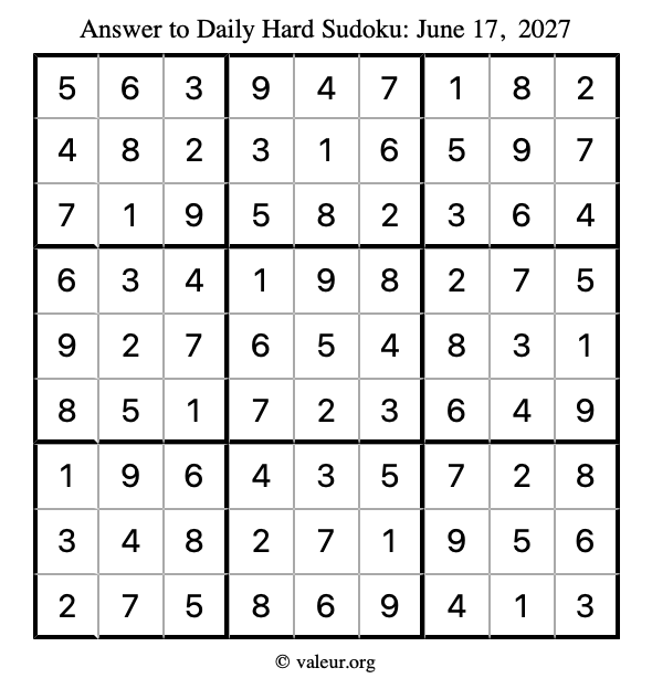 Answer to hard sudoku June 17, 2027