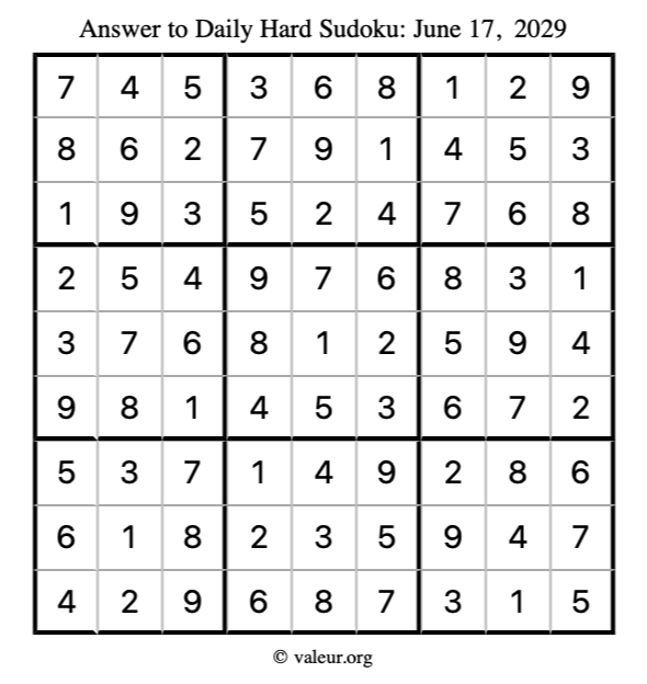 Answer to hard sudoku June 17, 2029