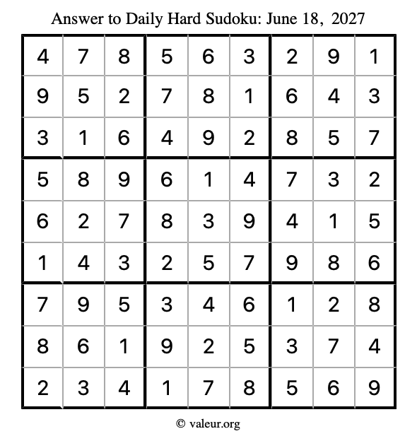 Answer to hard sudoku June 18, 2027