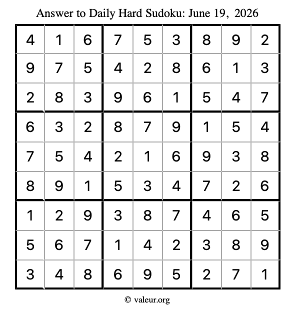 Answer to hard sudoku June 19, 2026