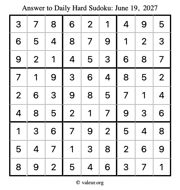 Answer to hard sudoku June 19, 2027