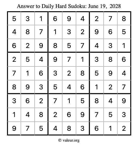 Answer to hard sudoku June 19, 2028