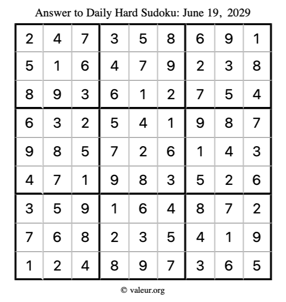 Answer to hard sudoku June 19, 2029