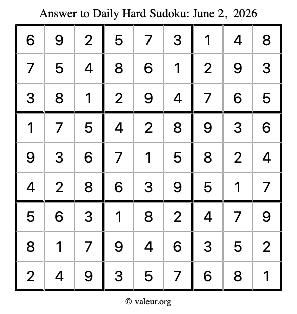 Answer to hard sudoku June 2, 2026
