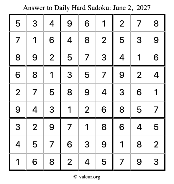 Answer to hard sudoku June 2, 2027