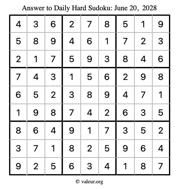 Answer to hard sudoku June 20, 2028