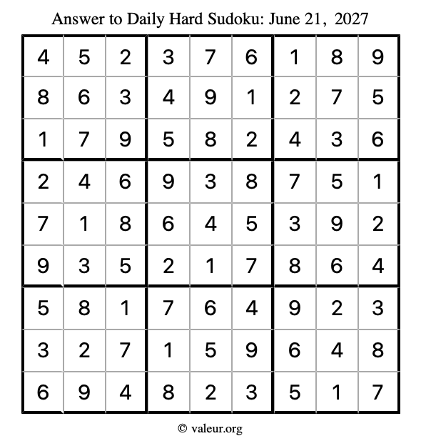 Answer to hard sudoku June 21, 2027