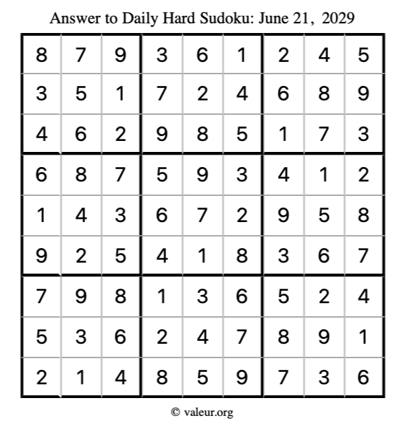 Answer to hard sudoku June 21, 2029